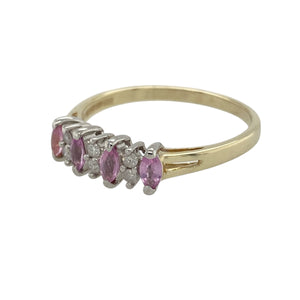 Bring graceful colour and delicate sparkle to your collection with this pre-owned 9ct yellow gold diamond and pink stone set band ring, offering a refined design and feminine charm—perfect for adding a touch of soft elegance to any look.

Design: The ring features marquise-cut pink stones arranged across the band, with two shimmering diamonds set between each pink stone for added brilliance. The flowing design creates a graceful, eye-catching pattern that highlights the soft pink hues beautifully.

