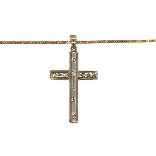Bring meaningful elegance and radiant sparkle to your collection with this pre-owned 18ct yellow and white gold diamond set cross pendant on an 18" curb chain necklace, offering a timeless blend of faith-inspired design and luxurious detail—perfect for any occasion.

Design: The pendant features a striking cross design measuring 3.5cm long including the bail, beautifully accented with shimmering diamonds for added brilliance and depth.
