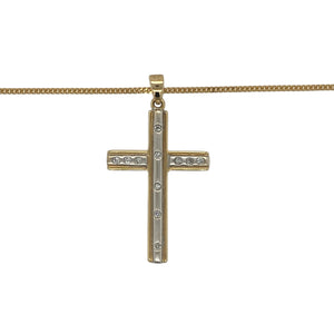 Bring meaningful elegance and radiant sparkle to your collection with this pre-owned 18ct yellow and white gold diamond set cross pendant on an 18" curb chain necklace, offering a timeless blend of faith-inspired design and luxurious detail—perfect for any occasion.

Design: The pendant features a striking cross design measuring 3.5cm long including the bail, beautifully accented with shimmering diamonds for added brilliance and depth.
