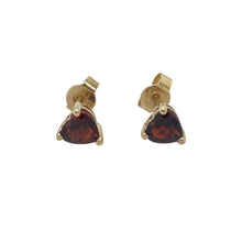 Load image into Gallery viewer, Bring romantic charm and rich colour to your collection with these pre-owned 9ct yellow gold and garnet heart stud earrings, offering a beautiful blend of classic elegance and vibrant detail—perfect for adding a touch of love to any look.

Design: Each earring features a deep red heart-shaped garnet stone measuring 5mm in diameter, creating a striking and romantic focal point.

