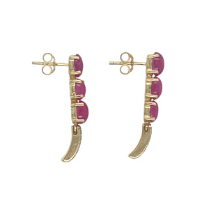 Bring rich colour and refined sparkle to your collection with these pre-owned 9ct yellow gold diamond and ruby set drop earrings, offering a stunning blend of classic elegance and vibrant detail—perfect for making a graceful statement.

Design: Each earring features an oval ruby stone measuring 6mm by 4mm, beautifully accented with sparkling diamonds above, creating a luxurious and eye-catching drop design.
