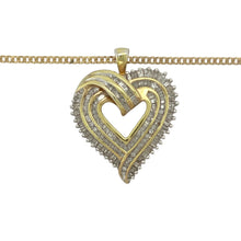 Load image into Gallery viewer, Bring romantic elegance and refined sparkle to your collection with this pre-owned 9ct yellow gold and diamond set large open heart pendant on an 18&quot; curb chain necklace, offering a beautiful blend of meaningful design and timeless sophistication—perfect for making a statement.

Design: The pendant features a striking large open heart design, measuring 3.2cm long including the bail, adorned with shimmering diamonds that add brilliance and a touch of luxury.

