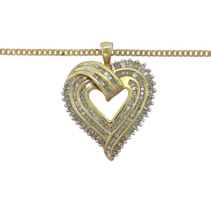 Bring romantic elegance and refined sparkle to your collection with this pre-owned 9ct yellow gold and diamond set large open heart pendant on an 18" curb chain necklace, offering a beautiful blend of meaningful design and timeless sophistication—perfect for making a statement.

Design: The pendant features a striking large open heart design, measuring 3.2cm long including the bail, adorned with shimmering diamonds that add brilliance and a touch of luxury.
