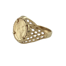 Load image into Gallery viewer, Bring vintage-inspired charm and bold character to your collection with this pre-owned 9ct yellow gold coin style ring, offering a striking focal point and timeless appeal — perfect for making a distinctive statement.

Design: This eye-catching ring features a detailed coin-style front measuring 1cm in diameter, creating a classic, symbolic look that stands out beautifully on the hand.
