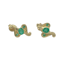 Load image into Gallery viewer, Bring vibrant colour and timeless elegance to your collection with these pre-owned 9ct yellow gold and emerald set stud earrings, offering rich green tones and classic charm — perfect for both everyday wear and special occasions.

Design: Each stud features three beautifully arranged emerald stones, creating a refined and balanced look with a subtle touch of sparkle and colour.

