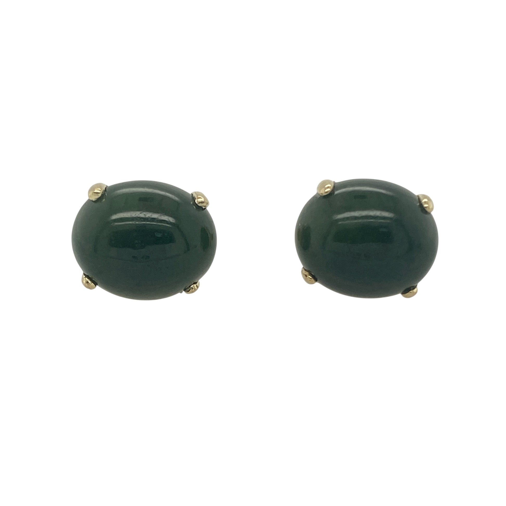 Bring bold elegance and natural beauty to your collection with these pre-owned 9ct yellow gold and dark green oval stud earrings, offering rich colour and classic sophistication — perfect for both statement styling and refined everyday wear.

Design: Each stud features a dark green oval stone, approximately 10mm by 12mm, set in a simple gold surround that allows the deep hue — possibly jade — to take centre stage.
Material: Made from 9-carat yellow gold, the polished finish complements the rich green tones 
