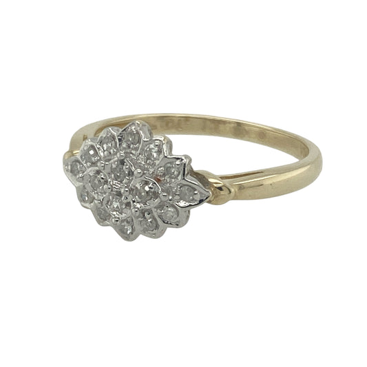 Bring vintage-inspired sparkle and elegant detail to your collection with this pre-owned 9ct yellow gold and diamond set fancy cluster ring, offering graceful charm and timeless appeal — perfect for special occasions or refined everyday wear.

Design: This ornate ring features a 10mm high cluster-style front, set with approximately 0.10ct of diamonds arranged in an intricate, eye-catching design that radiates delicate brilliance.
