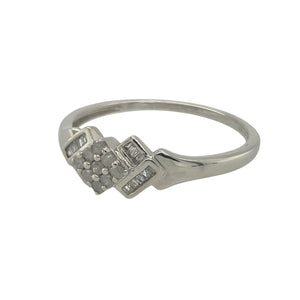 Bring contemporary sparkle and refined detail to your collection with this pre-owned 9ct white gold and diamond set fancy cluster ring, offering modern elegance and timeless brilliance — perfect for stylish everyday wear or special occasions.

Design: This modern cluster ring features a 6mm wide front with a stylish arrangement of diamonds, creating a unique, eye-catching design with a sophisticated edge.
