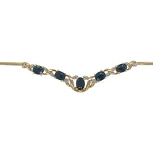 Load image into Gallery viewer, Bring timeless elegance and graceful colour to your collection with this pre-owned 9ct yellow gold diamond and sapphire set 18&quot; Y-shape necklace, offering classic sparkle and refined detail — perfect for special occasions or elegant everyday wear.

Design: This elegant Y-shape necklace features five deep blue sapphires, including a 6mm by 4mm central oval stone and four 5mm by 4mm supporting stones, all accented by delicate diamonds that enhance the brilliance and flow of the design.

