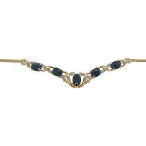 Bring timeless elegance and graceful colour to your collection with this pre-owned 9ct yellow gold diamond and sapphire set 18" Y-shape necklace, offering classic sparkle and refined detail — perfect for special occasions or elegant everyday wear.

Design: This elegant Y-shape necklace features five deep blue sapphires, including a 6mm by 4mm central oval stone and four 5mm by 4mm supporting stones, all accented by delicate diamonds that enhance the brilliance and flow of the design.
