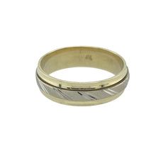 Load image into Gallery viewer, Bring movement and modern contrast to your collection with this pre-owned 14ct yellow and white gold patterned spinner band ring—a dynamic design that combines texture, tone, and tactile appeal.

Design: The ring features a central white gold spinner band with a detailed pattern, framed by polished yellow gold edges, all within a 5mm wide profile.
Material: Made from 14-carat yellow and white gold, the contrasting metals create a striking yet balanced look, enhanced by the subtle motion of the spinner.

