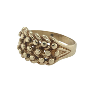 Bring bold texture and vintage style to your collection with this pre-owned 9ct yellow gold three row keeper ring—a striking design with rich detail and a strong, confident presence.

Design: The ring features a traditional keeper style with three woven rows across the front, measuring 15mm in height, offering a bold and textured look with timeless appeal.
Material: Made from 9-carat yellow gold, the warm polished finish enhances the raised detailing and gives the piece a classic, substantial feel.
