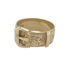 Load image into Gallery viewer, Bring symbolic strength and vintage charm to your collection with this pre-owned 9ct yellow gold patterned buckle ring—a bold and meaningful design with timeless appeal.

Design: The ring features a detailed buckle motif across the front, measuring 13mm in height, with engraved patterns that enhance its dimensional look and classic style.
Material: Made from 9-carat yellow gold, the polished surface and intricate detailing create a rich contrast, highlighting the depth and character of the design.

