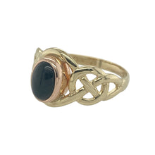 Load image into Gallery viewer, Bring heritage style and bold contrast to your collection with this pre-owned 9ct yellow and rose gold onyx set Clogau Celtic knot ring—a meaningful design rich in symbolism and timeless elegance.

Design: The ring features a 7mm by 5mm deep black onyx stone framed by an intricate Celtic knot design, blending warm yellow and rose gold tones in true Clogau style.
Material: Made from 9-carat yellow and rose gold, the polished finish enhances both the dark sheen of the onyx and the detailed knotwork.

