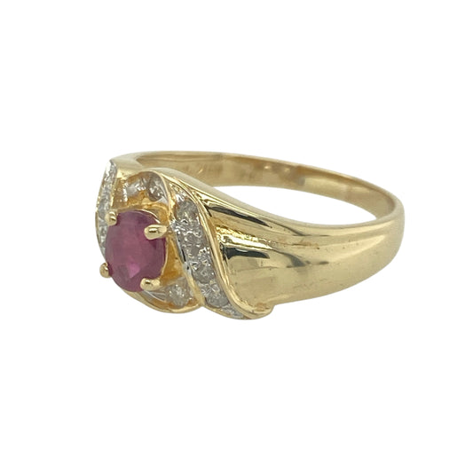Bring vibrant colour and elegant movement to your collection with this pre-owned 18ct yellow gold diamond and ruby set wrap-around swirl ring—a luxurious design that blends flowing form with timeless sparkle.

Design: The ring features a 5mm by 4mm oval ruby embraced by a graceful swirl of polished gold, accented with brilliant-cut diamonds for added shimmer and sophistication.
Material: Made from rich 18-carat yellow gold, the high-shine finish enhances the deep red hue of the ruby