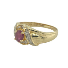 Load image into Gallery viewer, Bring vibrant colour and elegant movement to your collection with this pre-owned 18ct yellow gold diamond and ruby set wrap-around swirl ring—a luxurious design that blends flowing form with timeless sparkle.

Design: The ring features a 5mm by 4mm oval ruby embraced by a graceful swirl of polished gold, accented with brilliant-cut diamonds for added shimmer and sophistication.
Material: Made from rich 18-carat yellow gold, the high-shine finish enhances the deep red hue of the ruby
