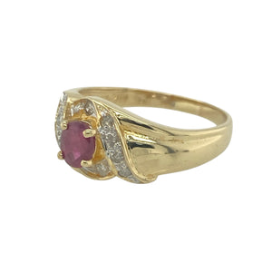 Bring vibrant colour and elegant movement to your collection with this pre-owned 18ct yellow gold diamond and ruby set wrap-around swirl ring—a luxurious design that blends flowing form with timeless sparkle.

Design: The ring features a 5mm by 4mm oval ruby embraced by a graceful swirl of polished gold, accented with brilliant-cut diamonds for added shimmer and sophistication.
Material: Made from rich 18-carat yellow gold, the high-shine finish enhances the deep red hue of the ruby