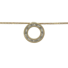 Load image into Gallery viewer, Bring modern elegance and sparkling detail to your collection with this pre-owned 9ct yellow gold and diamond set open circle pendant necklace—a timeless symbol of unity and style, enhanced with luxurious sparkle.

Design: The 14mm diameter open circle pendant is set with a combination of brilliant and baguette cut diamonds, creating a stunning contrast of shapes and textures within a sleek, modern silhouette.

