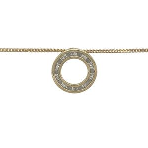 Bring modern elegance and sparkling detail to your collection with this pre-owned 9ct yellow gold and diamond set open circle pendant necklace—a timeless symbol of unity and style, enhanced with luxurious sparkle.

Design: The 14mm diameter open circle pendant is set with a combination of brilliant and baguette cut diamonds, creating a stunning contrast of shapes and textures within a sleek, modern silhouette.
