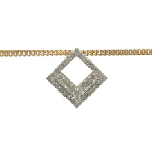Load image into Gallery viewer, Bring structured sparkle and elegant geometry to your collection with this pre-owned 9ct yellow gold and diamond set square cluster pendant necklace—a refined design with a bold edge and timeless brilliance.

Design: The pendant measures 1.7cm in length and features a square-shaped cluster of diamonds with cut-out corners, creating a modern, softened silhouette while maximising brilliance and symmetry.
Material: Made from 9-carat yellow gold, the polished setting beautifully frames the cluster of diamonds
