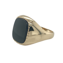 Load image into Gallery viewer, Bring bold simplicity and vintage edge to your collection with this pre-owned 9ct yellow gold and onyx signet ring—featuring strong lines and deep contrast for a timeless, confident look.

Design: A 12mm by 10mm rectangular onyx forms the centrepiece, set flush within a classic signet-style frame for a sleek, statement profile.
Material: Made from 9-carat yellow gold, the smooth polished finish enhances the bold black of the onyx, creating a striking contrast.

