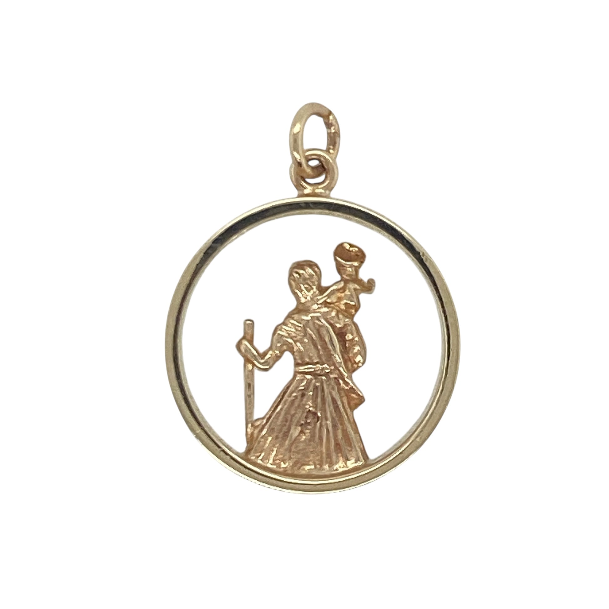 Bring meaningful protection and classic style to your jewellery collection with this pre-owned 9ct yellow gold open round St Christopher pendant—symbolising safe travel and timeless faith.

Design: A detailed depiction of St Christopher is featured within an open round frame, offering a traditional and recognisable symbol of guidance.
Material: Made from 9-carat yellow gold, the polished finish enhances the intricate design and provides a warm, radiant glow.
