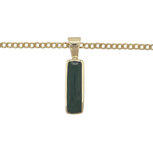 Load image into Gallery viewer, Bring rich colour and bold elegance to your jewellery collection with this pre-owned 9ct yellow gold and dark green jade oblong pendant—paired with an 18&quot; curb chain for a classic, statement look.

Design: A 19mm by 5mm oblong dark green jade stone forms the centrepiece, set vertically in a sleek gold mount. The full pendant length is 2.8cm including the bail.
Material: Made from 9-carat yellow gold, the setting and sturdy curb chain offer a warm contrast to the deep green jade
