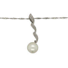 Load image into Gallery viewer, Add elegant movement and classic beauty to your collection with this pre-owned 9ct white gold twist pendant necklace, featuring a lustrous pearl and delicate diamond accents.

Design: The pendant measures 3.1cm in length and features a graceful twist design, set with a single 8mm pearl and accented by small diamonds for refined sparkle.
Material: Made from 9-carat white gold, the polished finish enhances the brilliance of the diamonds and the soft glow of the pearl.

