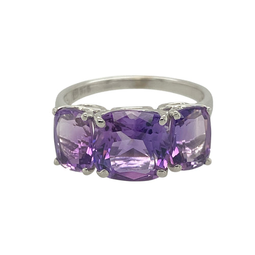 9ct White Gold & Amethyst Set Trilogy Ring