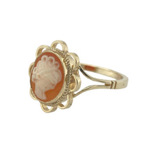 Load image into Gallery viewer, Add vintage charm and classic craftsmanship to your collection with this pre-owned 9ct yellow gold cameo ring—elegant, detailed, and full of character.

Design: The ring features a 10mm by 8mm oval cameo stone, intricately carved with a traditional profile and set in a smooth, polished frame.
Material: Made from 9-carat yellow gold, the warm finish enhances the soft tones and delicate detail of the cameo.

