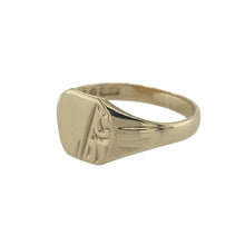 Load image into Gallery viewer, Add a subtle touch of tradition with this pre-owned 9ct yellow gold patterned corner signet ring—delicate, elegant, and full of classic character.

Design: The front of the ring measures 8mm high and features a polished face with a single patterned corner, adding a refined detail to the minimalist design.
Material: Made from 9-carat yellow gold, the smooth finish gives the ring a soft, warm glow ideal for everyday elegance.

