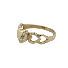 Load image into Gallery viewer, Add sweetness and sparkle to your collection with this pre-owned 9ct yellow gold diamond set heart signet ring—delicate, charming, and full of sentimental style.

Design: The front of the ring measures 6mm high and features a polished heart-shaped face, accented with a diamond and cut-out heart shoulders for added detail and romance.
Material: Made from 9-carat yellow gold, the polished finish enhances the warm tone and elegant design.

