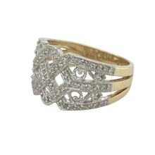 Load image into Gallery viewer, Make a bold statement with this pre-owned 9ct yellow and white gold diamond set open fancy band ring—striking, elegant, and full of contemporary style.

Design: The front of the ring measures 17mm high and features an openwork design with flowing curves in yellow and white gold, accented by sparkling diamonds for added brilliance.
Material: Made from 9-carat yellow and white gold, the polished finish enhances the contrast between metals and highlights the decorative design.

