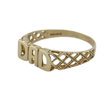 Load image into Gallery viewer, Celebrate tradition and timeless sentiment with this pre-owned 9ct yellow gold Dad ring—bold in meaning with classic design, perfect for marking milestones or honouring a cherished bond.

Design: The ring features a prominent front panel measuring 6mm in height, proudly inscribed with &quot;DAD&quot;. Tapered shoulders in an open basket style add a vintage-inspired touch while keeping the design open and distinctive.

