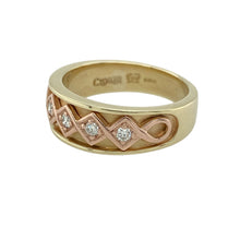 Load image into Gallery viewer, Regal and richly detailed, this pre-owned 9ct yellow and rose gold Queen Elizabeth ring features elegant diamonds and Celtic design—perfect for celebrating heritage with timeless style.

Design: The ring showcases a 7mm wide front band with five diamonds set in an intricate Celtic pattern, flanked by a rose gold depiction of Queen Elizabeth for a unique and meaningful finish.
Material: Made from 9-carat yellow and rose gold, the polished finish enhances the warmth and depth of the two-tone design.

