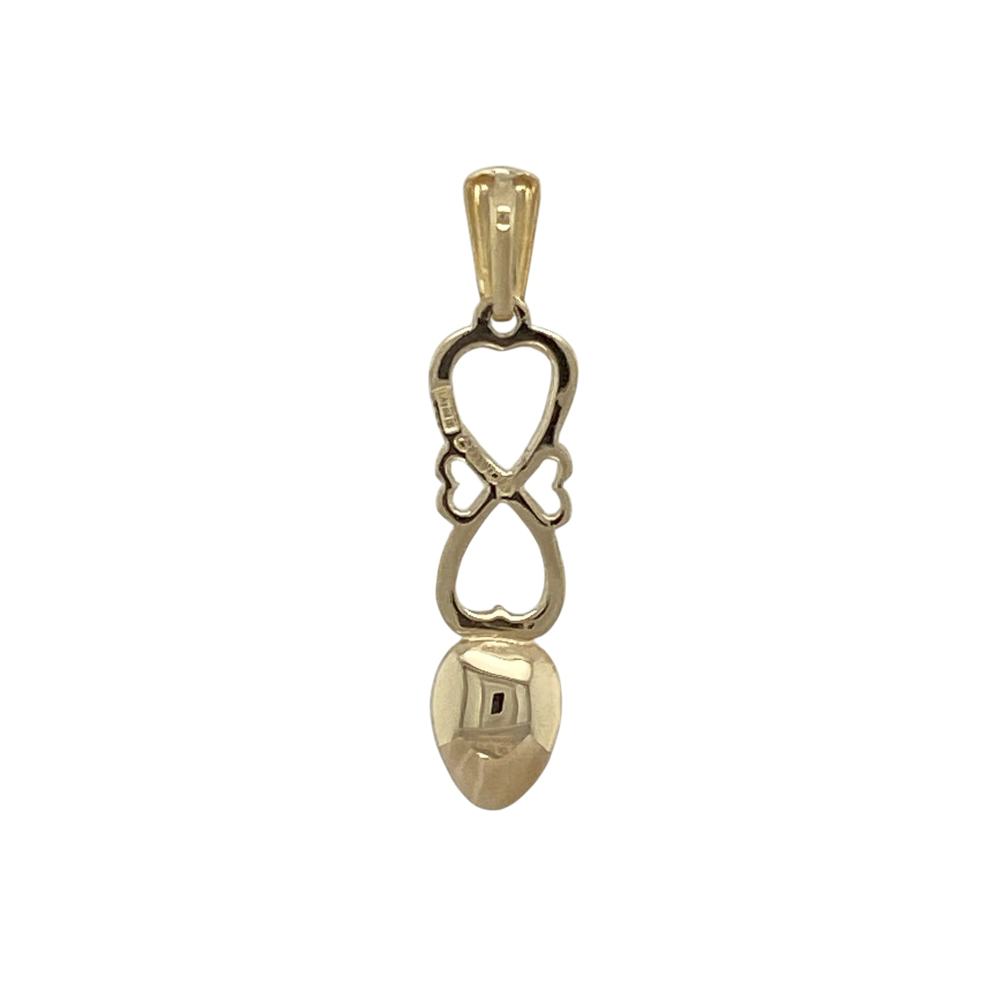 Symbolic and full of charm, this pre-owned 9ct yellow gold Welsh Celtic lovespoon pendant carries a heartfelt message in a traditional design—perfect for meaningful gifting or everyday wear.

Design: The pendant features a classic Celtic lovespoon design, representing love, friendship, and commitment, with intricate detailing in a slender form.
Material: Made from 9-carat yellow gold, the polished finish enhances the fine craftsmanship and gives the pendant a warm, elegant glow.

