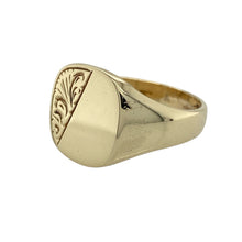 Load image into Gallery viewer, Bold and detailed, this pre-owned 9ct yellow gold signet ring features classic styling with ornate patterning—perfect for those who appreciate timeless design with a distinctive touch.

Design: The ring showcases a 14mm high front with intricate engraved detailing, offering a bold and traditional signet profile with added texture and character.
Material: Made from 9-carat yellow gold, the polished finish enhances the engraved pattern and brings a warm, classic shine.

