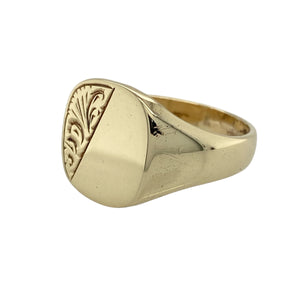 Bold and detailed, this pre-owned 9ct yellow gold signet ring features classic styling with ornate patterning—perfect for those who appreciate timeless design with a distinctive touch.

Design: The ring showcases a 14mm high front with intricate engraved detailing, offering a bold and traditional signet profile with added texture and character.
Material: Made from 9-carat yellow gold, the polished finish enhances the engraved pattern and brings a warm, classic shine.

