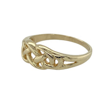 Load image into Gallery viewer, Timeless and symbolic, this pre-owned 9ct yellow gold Celtic knot ring features intricate design and meaningful detail—perfect for those who appreciate heritage style and enduring connection.

Design: The ring showcases a 6mm wide front with an elegant Celtic knot pattern, symbolising eternity, unity, and interconnectedness.
Material: Made from 9-carat yellow gold, the polished finish brings out the flowing detail of the knotwork with a warm, classic glow.

