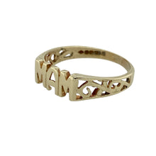 Load image into Gallery viewer, Sentimental and classic, this pre-owned 9ct yellow gold Mam ring is a heartfelt tribute—perfect for showing love and appreciation in a timeless design.

Design: The ring features a 5mm high front inscribed with &quot;Mam,&quot; flanked by open patterned shoulders that add delicate detail and vintage charm.
Material: Made from 9-carat yellow gold, the polished finish enhances the warmth and elegance of the ring’s meaningful design.

