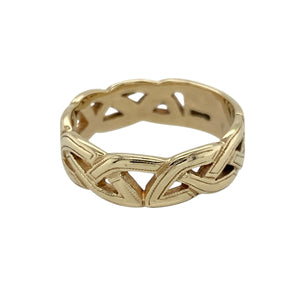 Intricate and meaningful, this pre-owned 9ct yellow gold Celtic band ring features a timeless open weave design—perfect for celebrating heritage, connection, and enduring style.

Design: The ring showcases a 5mm wide band with an open Celtic weave pattern, symbolising eternity and interconnectedness through its continuous looping design.
Material: Made from 9-carat yellow gold, the polished finish enhances the flowing lines and detailed craftsmanship of the woven pattern.
