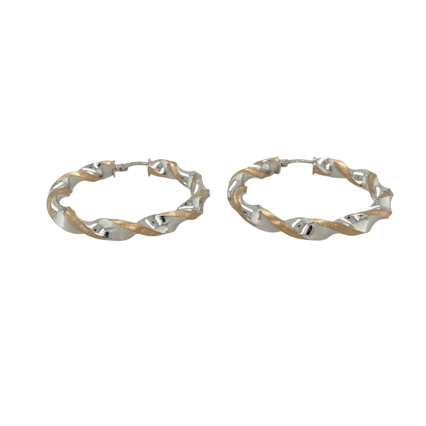 Elegant and eye-catching, these pre-owned 9ct yellow and white gold twisted hoop creole earrings feature a fluid two-tone design—perfect for versatile styling with a modern twist.

Design: Each earring showcases a classic hoop with an elegant twist, blending yellow and white gold in an intertwined design for subtle contrast and movement.
Material: Made from 9-carat yellow and white gold, the polished finish enhances the flowing curves and highlights the soft interplay of tones.
