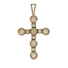 Load image into Gallery viewer, Radiant and meaningful, this pre-owned 9ct yellow gold cross pendant features brilliant cubic zirconia stones for a striking and elegant finish—perfect for statement style with spiritual significance.

Design: The pendant features a traditional cross shape fully adorned with cubic zirconia stones ranging from 5mm to 4mm in diameter, creating a dazzling effect with beautiful variation.

