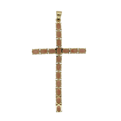 Striking and richly coloured, this pre-owned 9ct yellow gold cross pendant features deep orange garnet-coloured stones in a bold design—perfect for statement wear with timeless symbolism.

Design: The pendant showcases a large cross set with dark orange garnet-coloured stones, each measuring 5mm by 4mm, creating a warm and vibrant effect across the full design.
