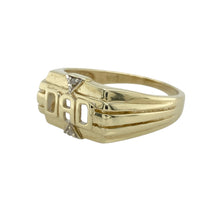 Load image into Gallery viewer, Bold and meaningful, this pre-owned 9ct yellow gold Dad ring features classic styling with a sparkling diamond accent—perfect for celebrating a special bond with timeless charm.

Design: The ring showcases a 10mm high front engraved with &quot;DAD&quot; and a single diamond set in a starburst design, adding a subtle yet refined touch of brilliance.
Material: Made from 9-carat yellow gold, the polished finish enhances the strong shape and highlights the diamond detail.

