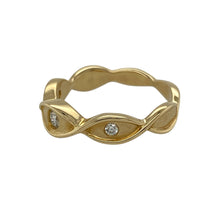 Load image into Gallery viewer, Bring Celtic elegance and refined sparkle to your jewellery collection with this pre-owned 18ct yellow gold Clogau twisted weave band ring, featuring a trio of diamonds in a symbolic design—perfect for meaningful style and lasting sophistication.

Design: The 5mm wide band features Clogau’s signature twisted weave pattern, set with three diamonds—one larger central stone and two smaller diamonds on either side—for a beautifully balanced and flowing look.


