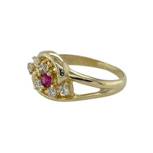 Load image into Gallery viewer, Bring bold colour and elegant movement to your jewellery collection with this pre-owned 14ct yellow gold swirl cluster ring, featuring a rich ruby-coloured stone and sparkling cubic zirconia—perfect for standout style with a refined finish.

Design: The ring features a 10mm high swirl-style cluster, centred with a vivid red ruby-coloured stone, gracefully framed by sparkling cubic zirconia in a flowing, eye-catching design.

