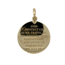 Load image into Gallery viewer, Bring meaningful symbolism and timeless style to your collection with this pre-owned 9ct yellow gold round St Christopher pendant—perfect for offering protection and guidance to its wearer.

Design: The pendant features a detailed image of St Christopher, the patron saint of travellers, within a round frame. The reverse is engraved with the words: &quot;God protect us as we travel by air, land or seas. Keep us safe and guide us wherever we may be.&quot;
Material: Made from 9-carat yellow gold
