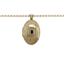 Load image into Gallery viewer, Bring sentimental charm and timeless elegance to your collection with this pre-owned 9ct yellow gold oval flower patterned locket on an 18&quot; open curb chain—perfect for keeping cherished memories close.

Design: The necklace features a 4cm long oval locket, including the bail, adorned with a delicate engraved flower pattern for a romantic touch.
Material: Made from 9-carat yellow gold, the polished finish enhances the warm tone and intricate detailing of the locket and chain.

