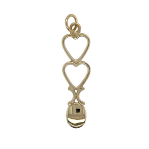 Bring romantic symbolism and cultural charm to your collection with this pre-owned 9ct yellow gold Welsh double heart lovespoon pendant—perfect for celebrating love and heritage.

Design: The pendant features a traditional lovespoon motif with two interlinked hearts, symbolising unity and affection.
Material: Made from 9-carat yellow gold, the polished finish enhances the warm tone and highlights the intricate detailing.
